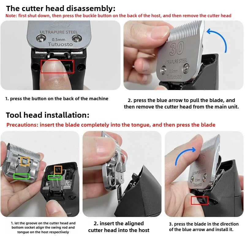 Instructions for the disassembly and installation of a cutter head on a professional pet hair clipper grooming set.