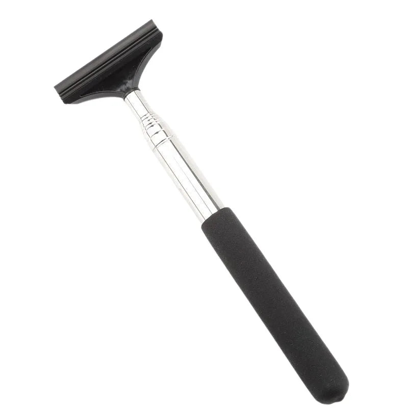 A black telescopic aquarium cleaning tool with a silver handle and silicone scraper.