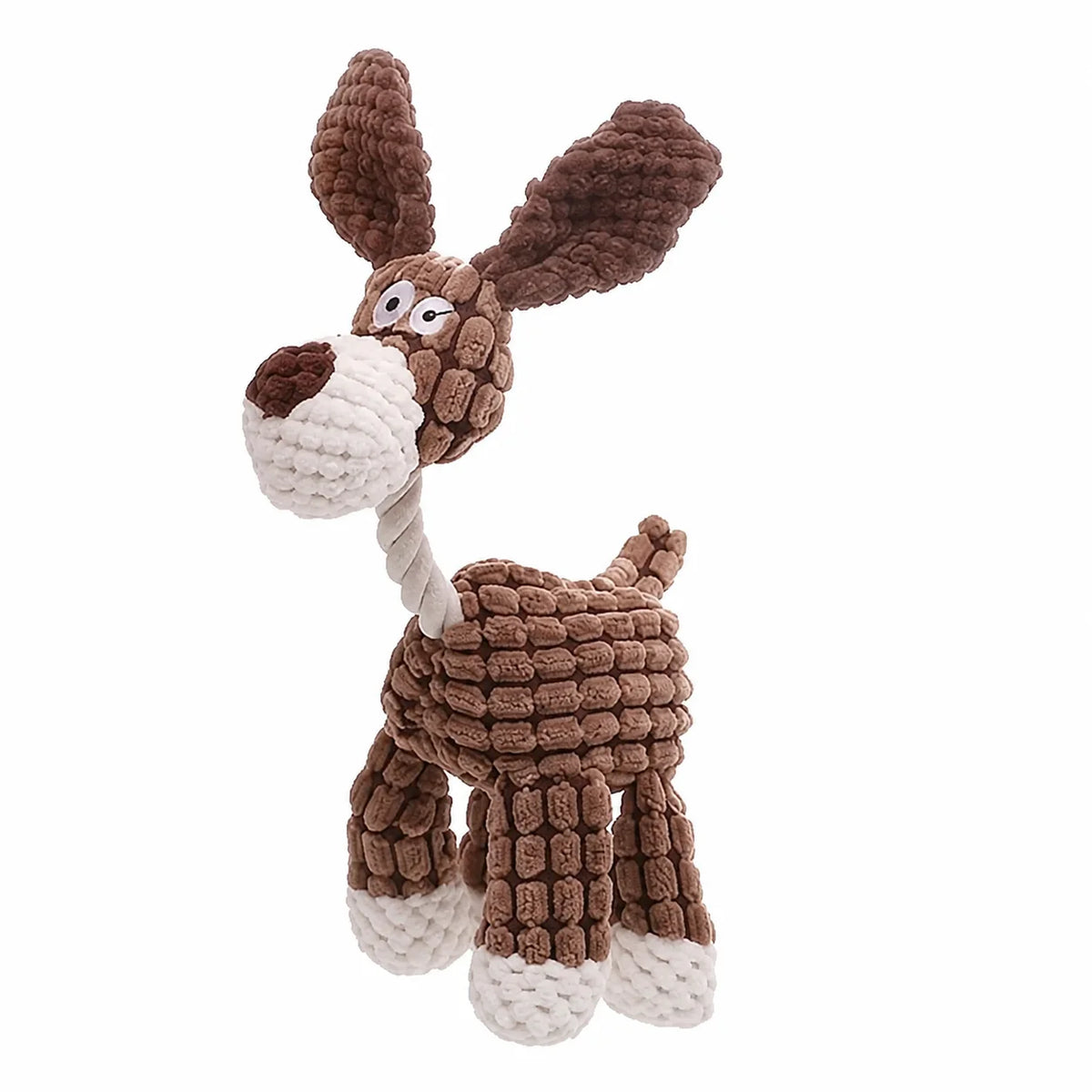A brown and white plush dog toy set featuring a head and body for interactive play