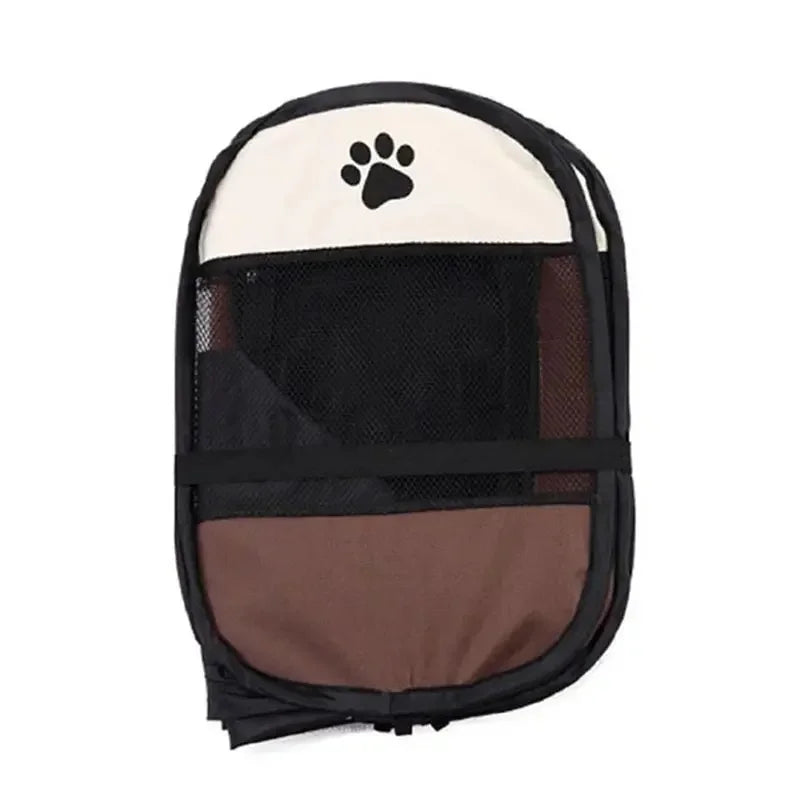 A black portable foldable pet playpen with a beige top and mesh bottom.