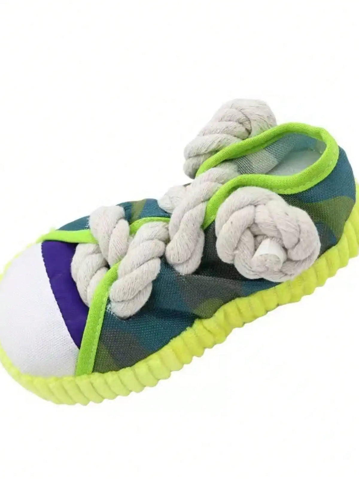 A green and purple patterned slipper dog chew toy featuring a thick white rope handle.