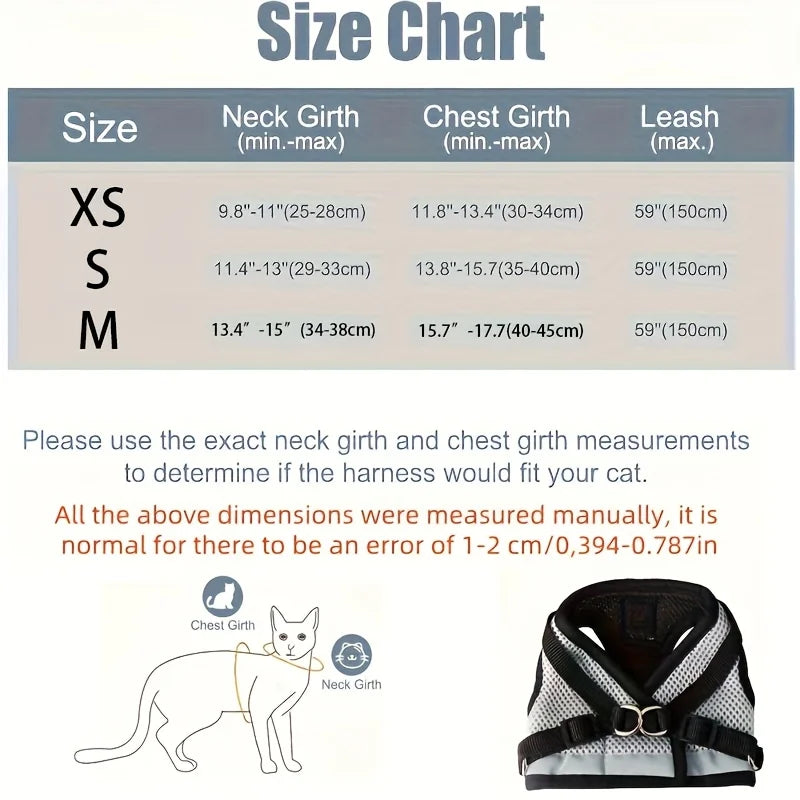 Size chart and diagram showing measurements for XS, S, and M sizes of a breathable mesh pet harness and leash set