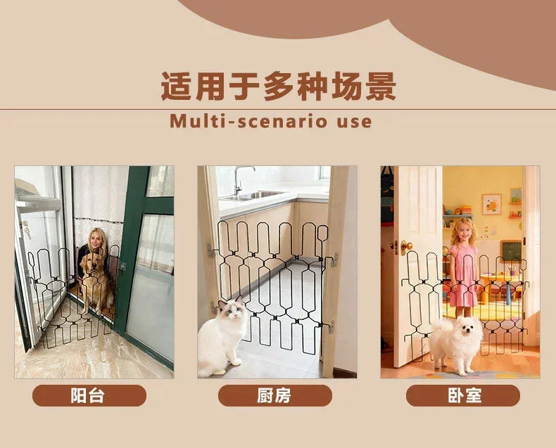 Adjustable metal pet safety gates shown in various indoor and outdoor settings for multi-scenario use