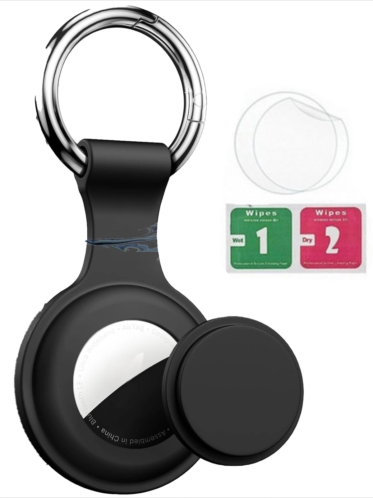 A black silicone AirTag protective cover with a keyring and two replacement wipes.