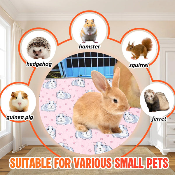 A colorful illustration showing various small pets including a hamster, squirrel, guinea pig, ferret, and rabbit on a pink ba