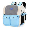Light blue ventilated backpack for cats with adjustable straps and storage pockets