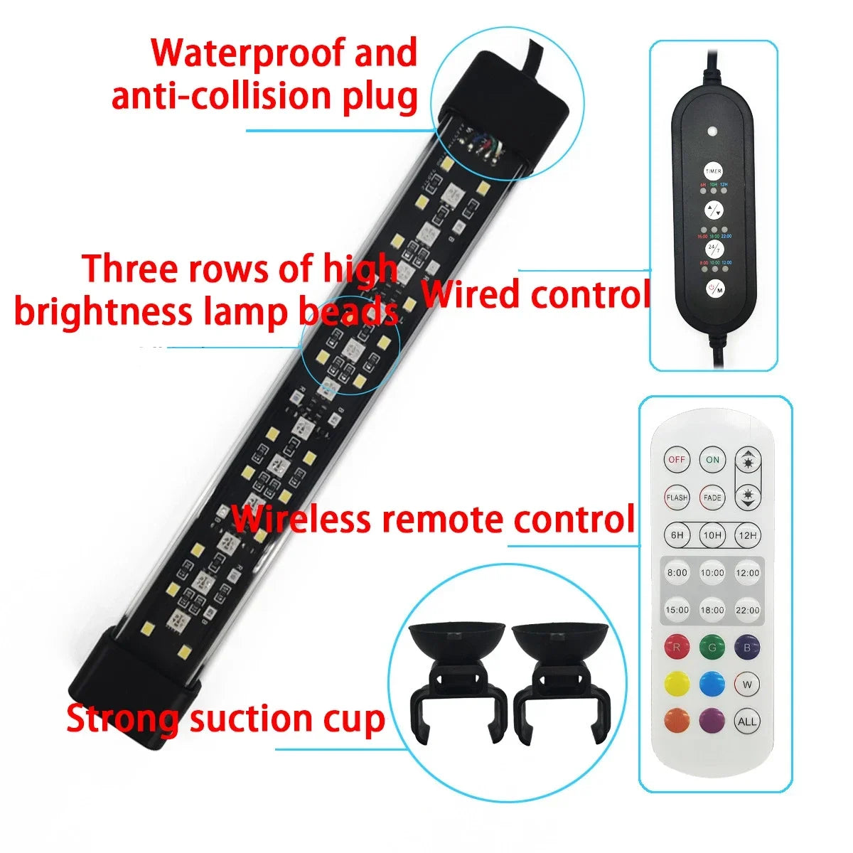 Wasserfeste und kollisionsvermeidende LED-Lampe mit drei Reihen von Lichtperlen und drahtloser Fernbedienung.