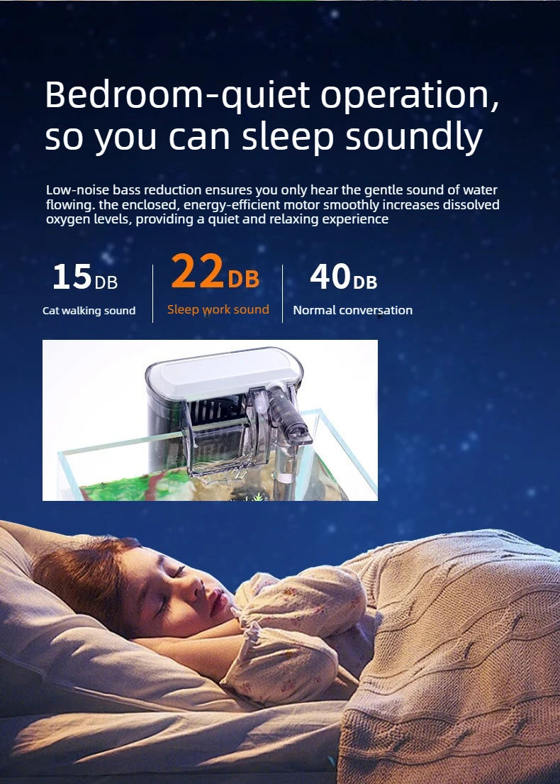 A person is sleeping peacefully while a clear aquarium water filter system is visible in the foreground.