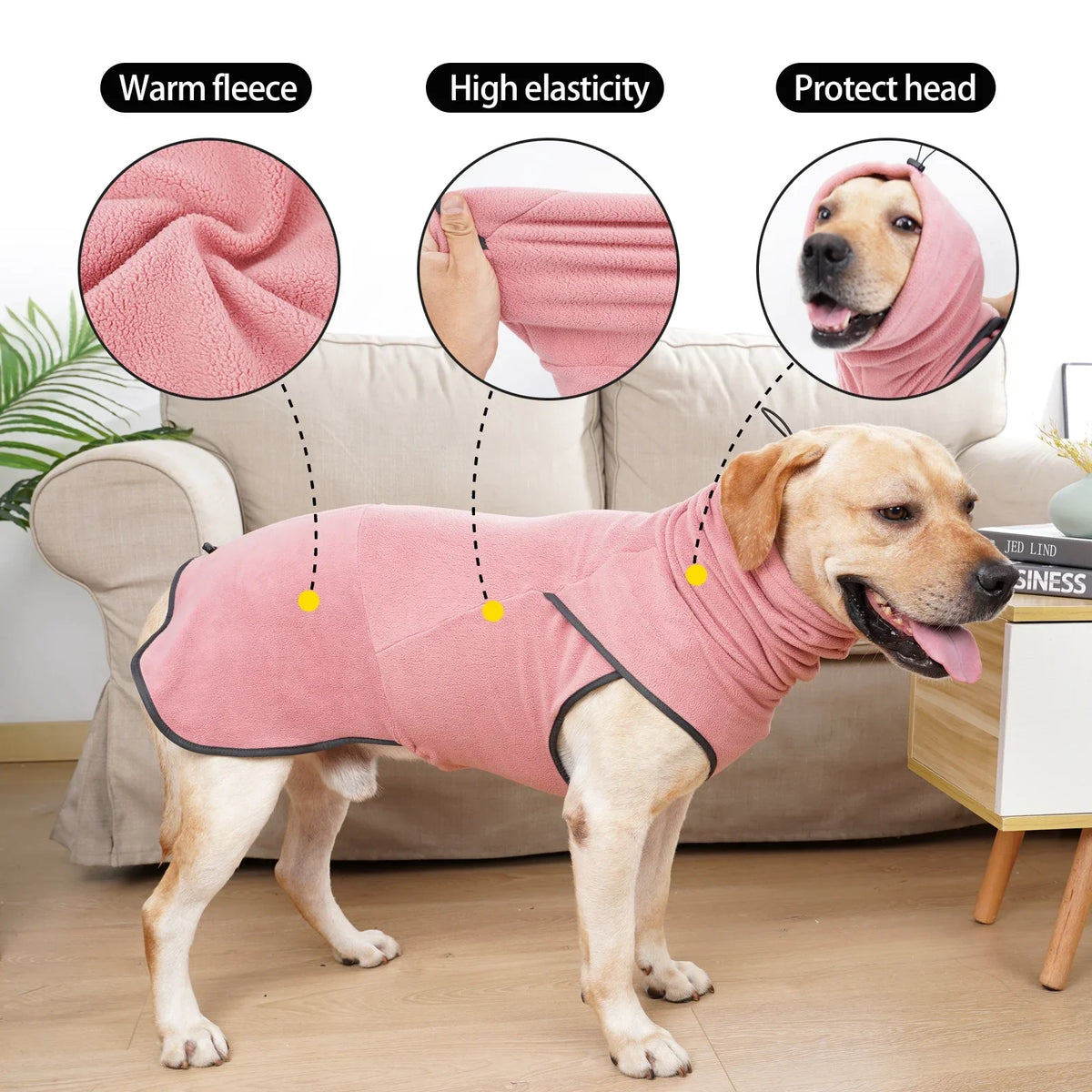 A golden retriever wearing a pink fleece dog sweater with a high collar, demonstrating warmth and elasticity.