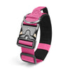 A pink and black durable tactical dog collar with a silver buckle and padded strap.