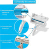 A white reusable pet hair remover brush showing features like electrostatic adsorption, a comfortable handle with a hanging h
