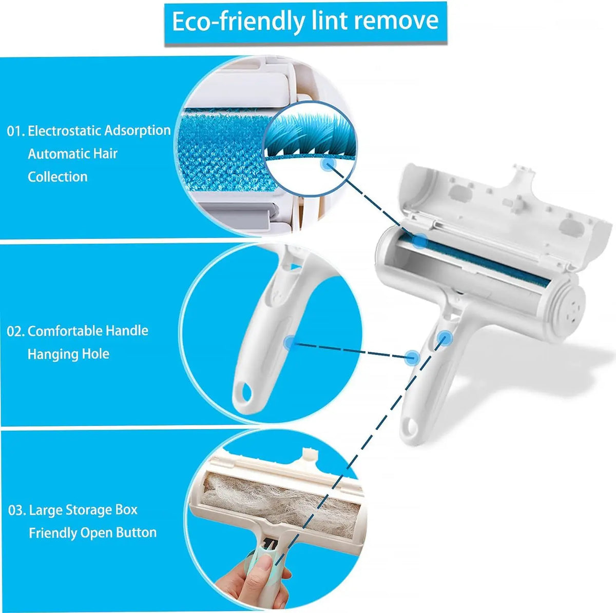 A white reusable pet hair remover brush showing features like electrostatic adsorption, a comfortable handle with a hanging h