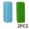 Two silicone pet hair removal brushes, one light blue and one green, with hollow rubber bristles.