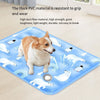 A blue pet cooling mat featuring various white and black animal illustrations for dogs