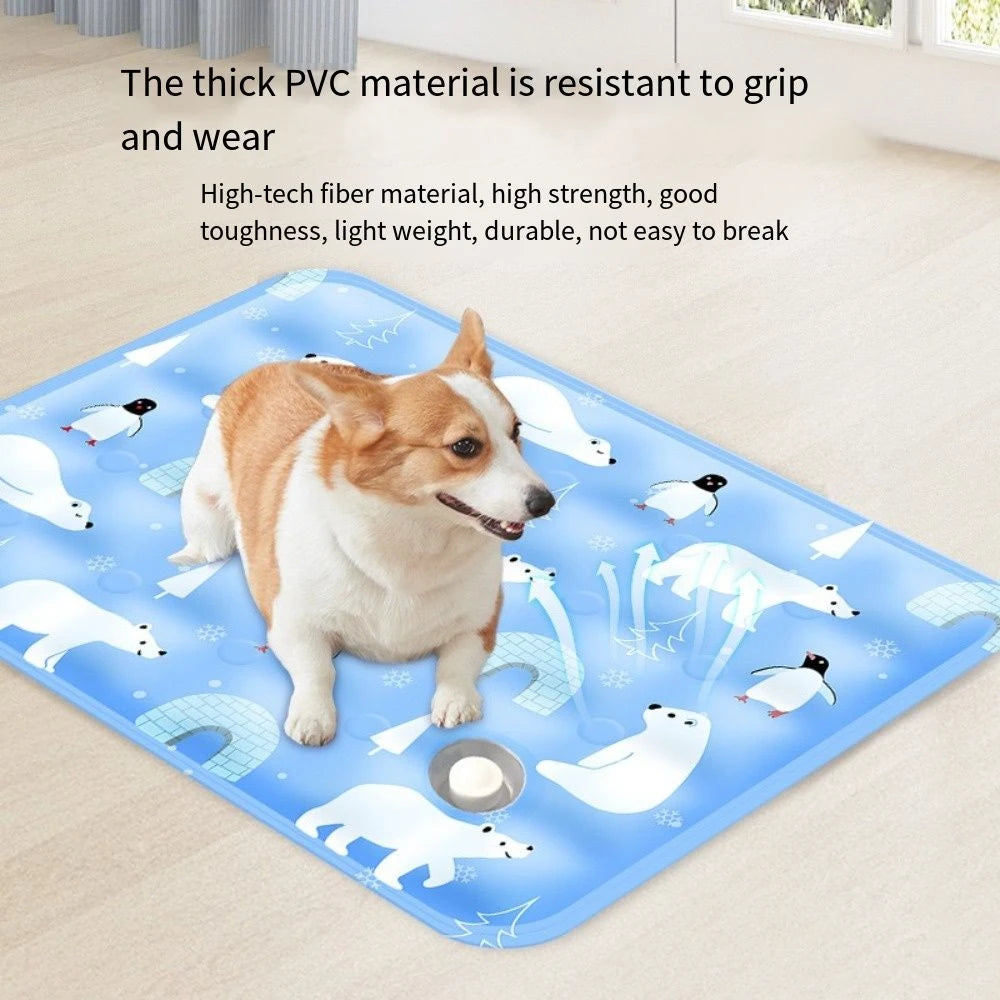 A blue pet cooling mat featuring various white and black animal illustrations for dogs