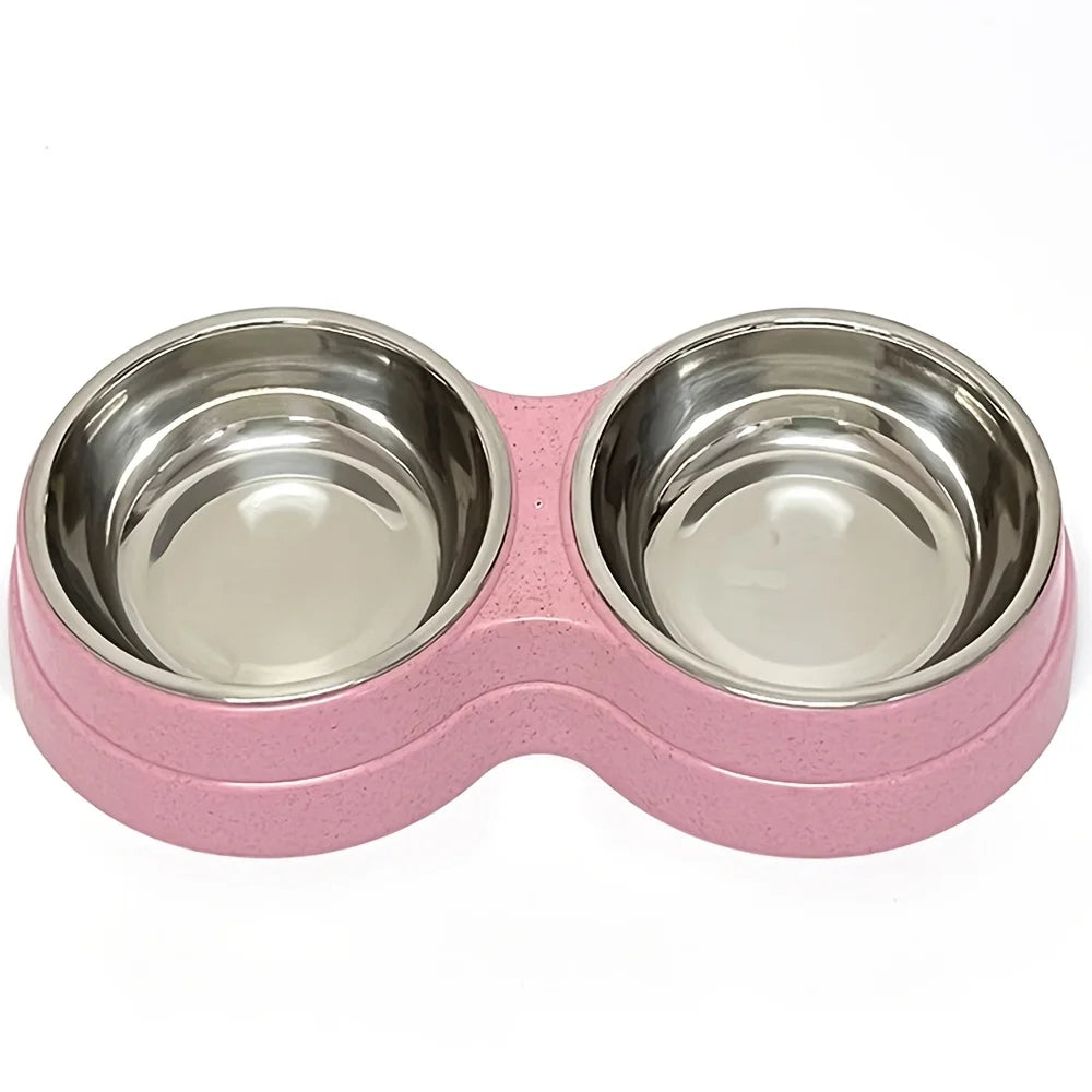 Rosa Silikon-Futterhalter mit zwei Edelstahlschüsseln für Hunde und Katzen.