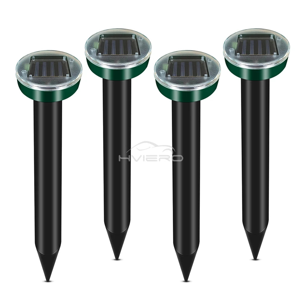 Three black ultrasonic pest repellers with solar panels on top
