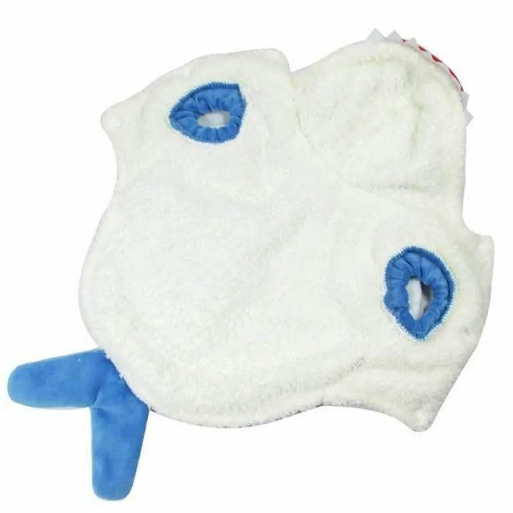 Costume de cosplay de requin pour chien en polaire blanche avec accents bleus