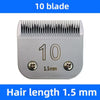 A silver pet hair clipper with a 10 blade attachment and a 1.5 mm hair length setting.