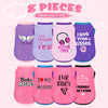 An assortment of eight colorful, playful printed t-shirts for a dog, featuring various designs and colors.