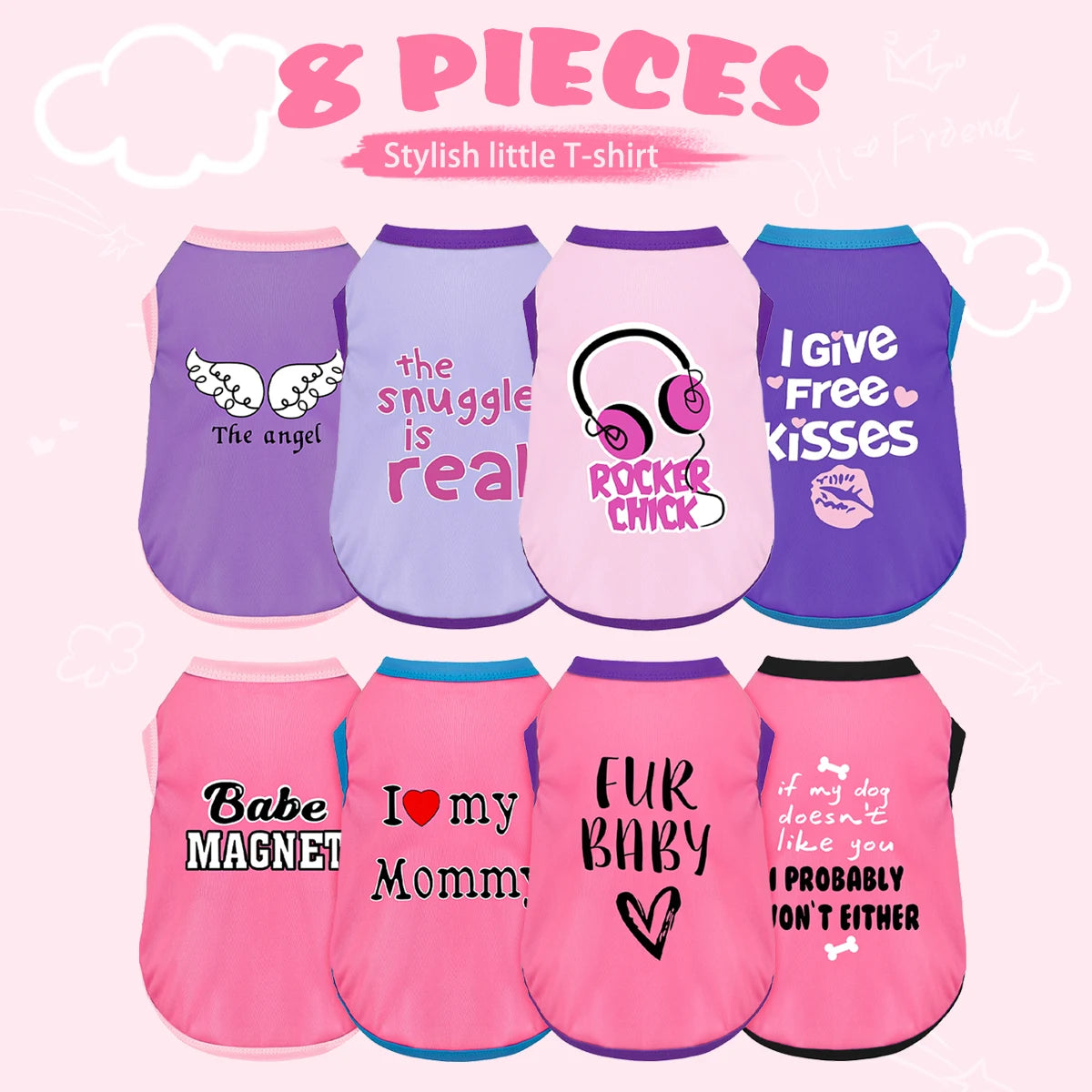 An assortment of eight colorful, playful printed t-shirts for a dog, featuring various designs and colors.