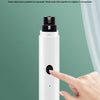 A white quiet rechargeable pet nail grinder bottle with a black cap is shown being operated by a hand.