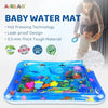 A blue baby water mat filled with colorful aquatic toys and featuring hot pressing technology.
