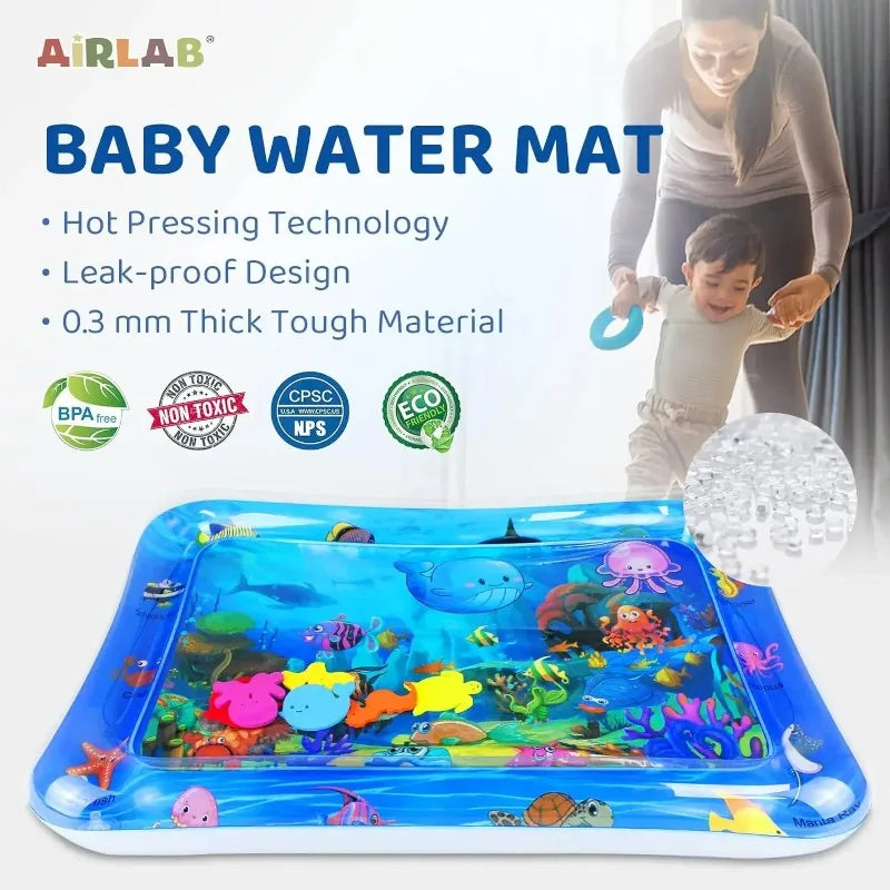 A blue baby water mat filled with colorful aquatic toys and featuring hot pressing technology.