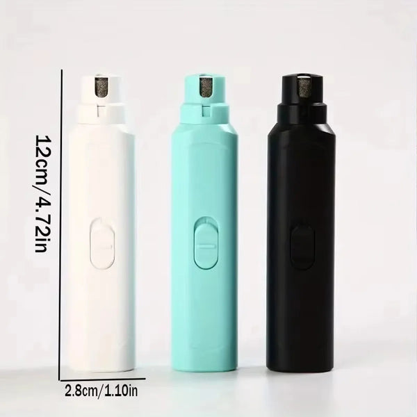 Three bottles of electric pet nail grinders for dogs and cats in white, teal, and black.