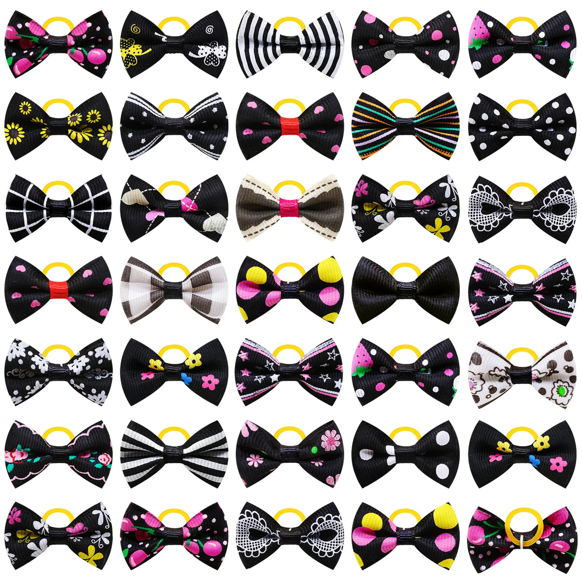 A collection of adorable pet hair bows featuring various patterns and colors tied with gentle rubber bands.