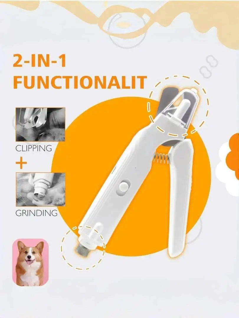 A white 2-in-1 pet nail trimmer and grinder tool shown with clipping and grinding attachments.