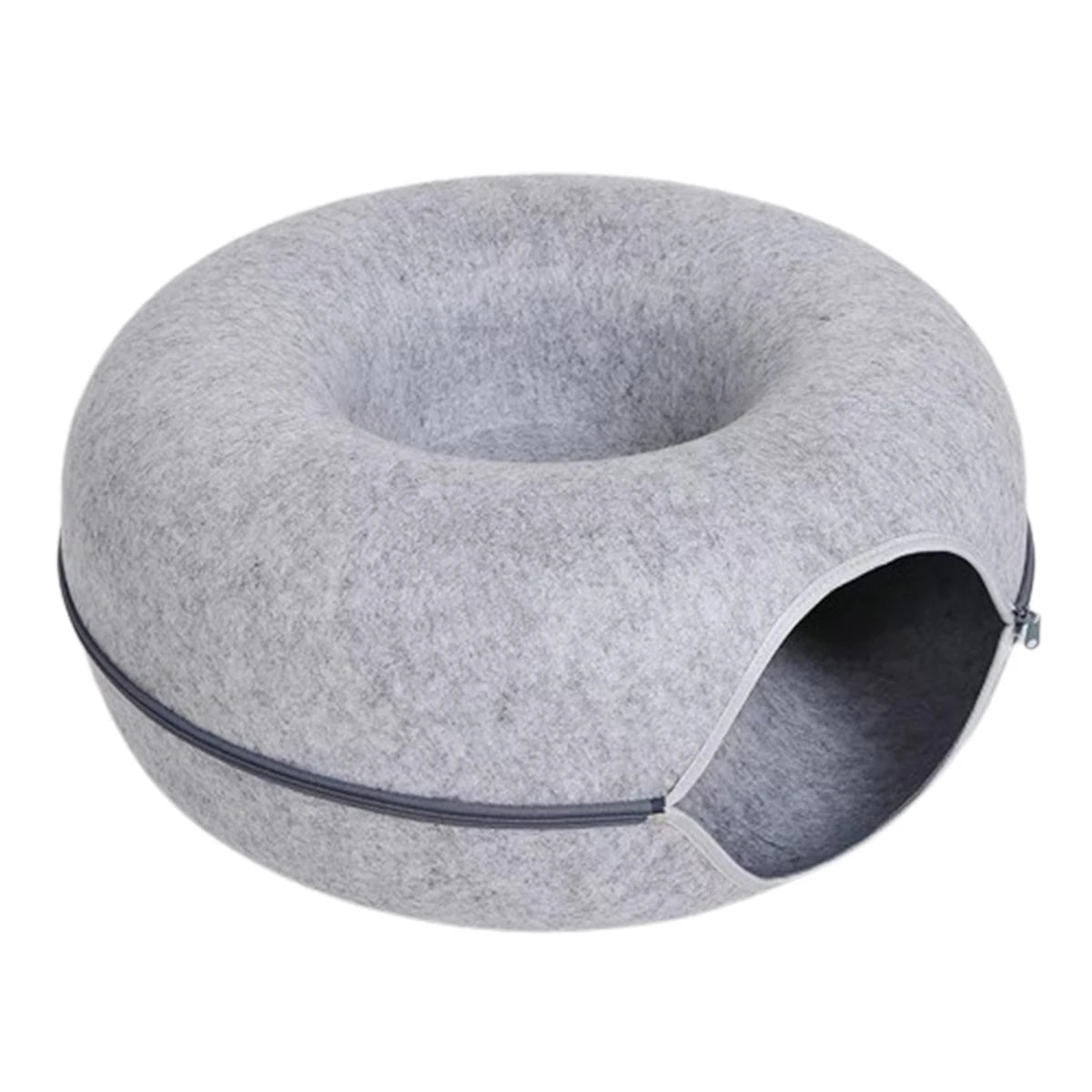 A round, gray felt cat bed with a tunnel hideaway entrance for two cats.