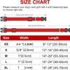 Size chart for a decorative nylon dog collar showing dimensions for XS to XL sizes.