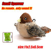 A small brown sparrow toy bird with a yellow beak and feathers, shown next to its packaging and size dimensions.