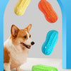 Ein Hund schaut auf verschiedene bunte, strukturierte Kauspielzeuge in einem Bogenrahmen.