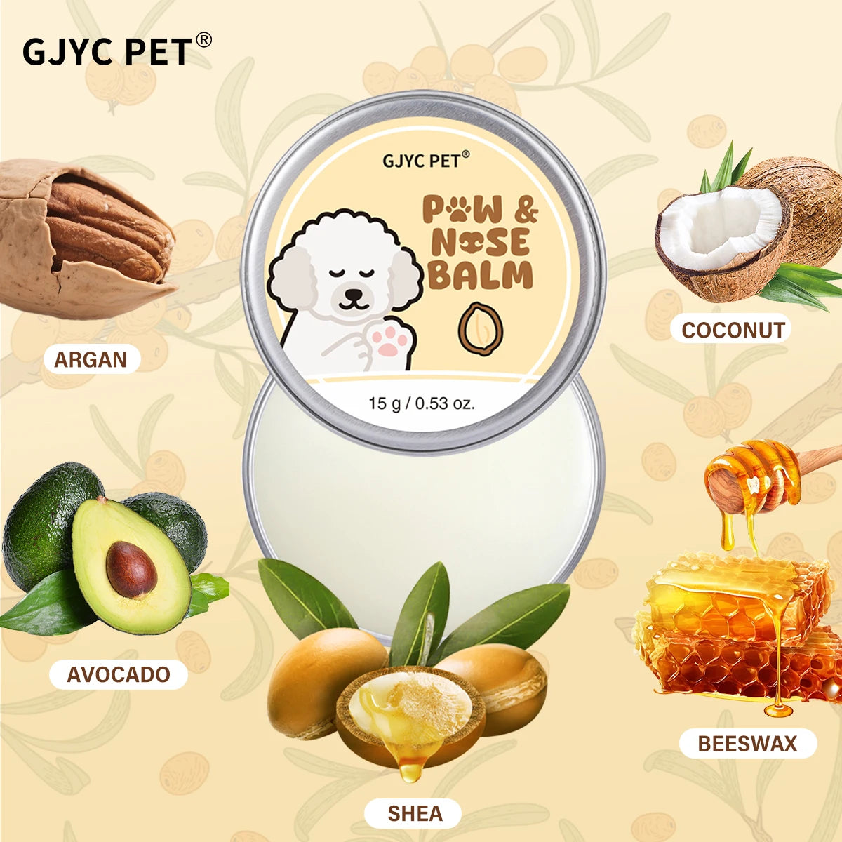 A jar of GJYC PET Paw & Nose Balm featuring ingredients like Argan, Coconut, Avocado, and Shea.