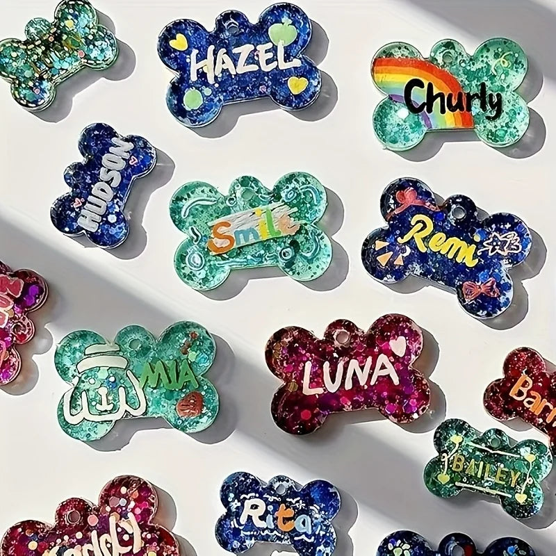 A collection of silicone dog bone molds in various colors and glitter textures for resin casting.