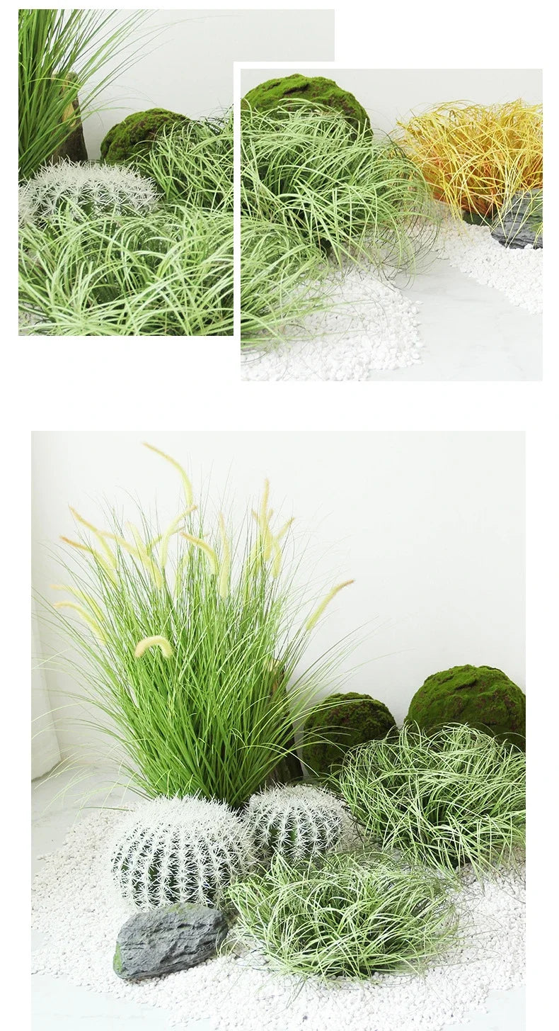 Collection de plantes et roches miniatures de jardin simulées, vert et blanc.