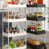 A white and black 3/4 tier mobile storage rack holding various kitchen jars and produce.