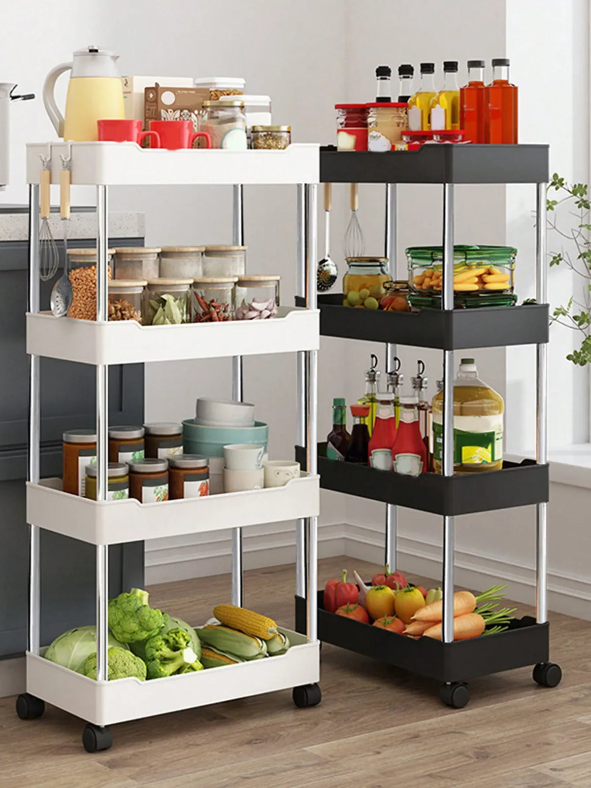 A white and black 3/4 tier mobile storage rack holding various kitchen jars and produce.