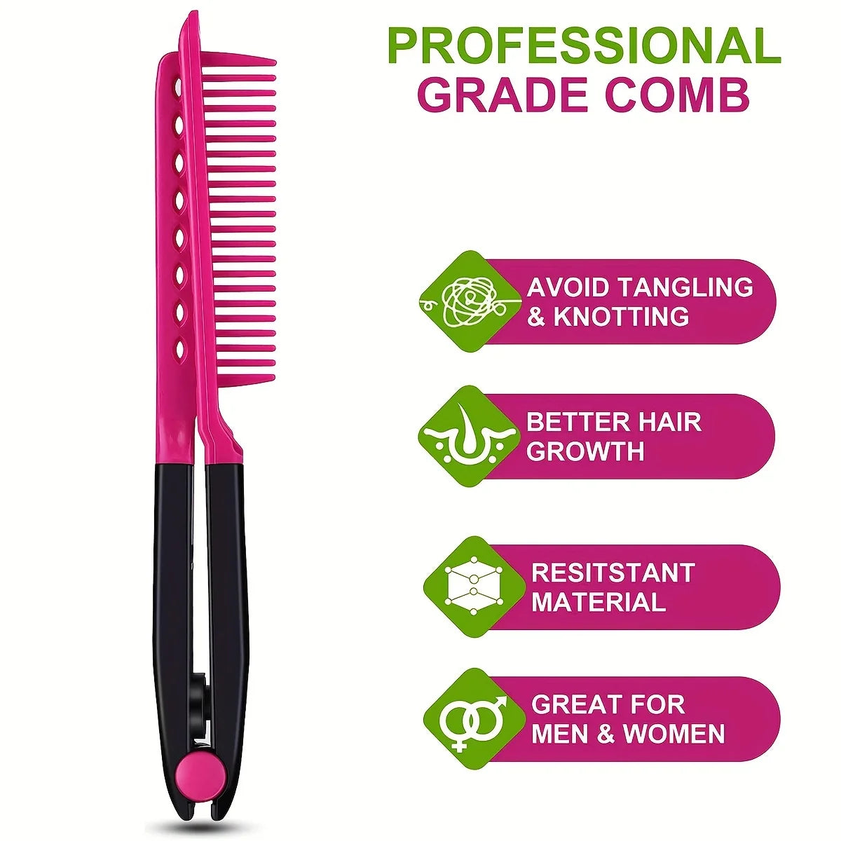 Peigne lisseur professionnel rose en forme de V avec poignées noires.