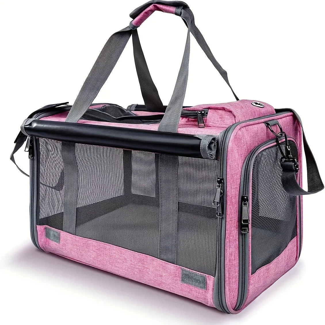 Rosa weicher Transportbehälter für Katzen und Welpen mit grauen Stoffgriffen und einem Netzfenster.
