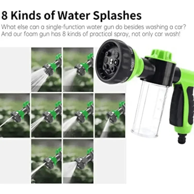 A green and black foam cleaning gun is shown with eight different water spray patterns being demonstrated on a surface.