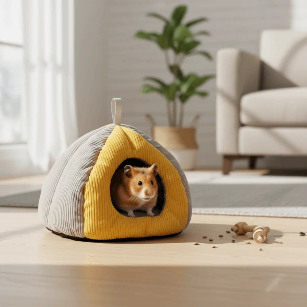 A cozy plush hanging nest in gray and yellow with an opening for a small rodent sits on a wooden surface.