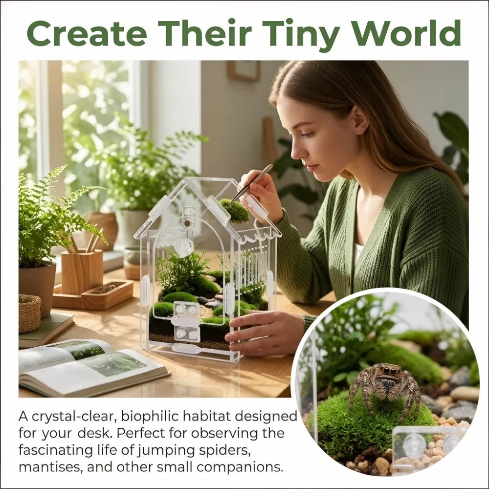 A woman is assembling a crystal-clear biophilic habitat for jumping spiders and other small companions.