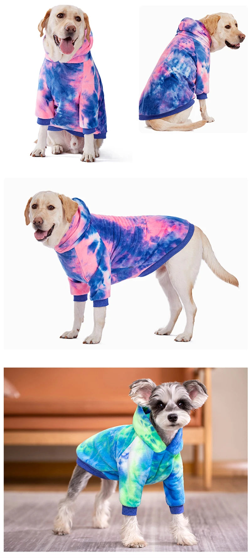 A dog wearing a tie-dye fleece hoodie in various colors and styles.