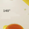 A close-up of a yellow pet deshedding brush with an orange bristled head, showing a 140 degree angle.