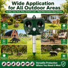 A green solar ultrasonic animal repeller with a motion sensor is shown in various outdoor settings like gardens, farms, and y