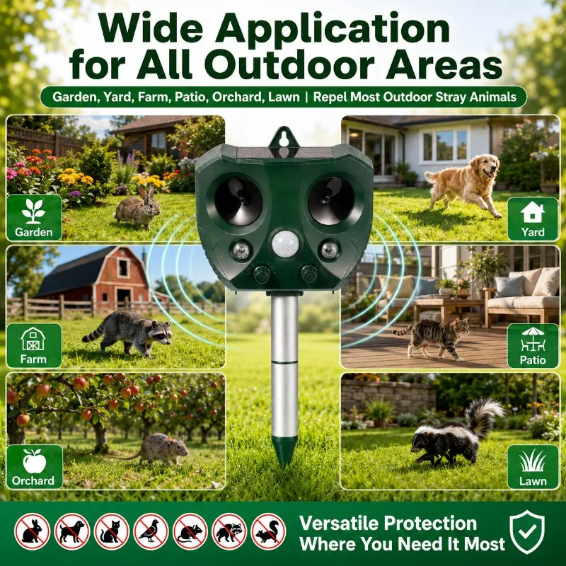 A green solar ultrasonic animal repeller with a motion sensor is shown in various outdoor settings like gardens, farms, and y