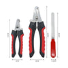 Stainless steel pet nail clippers shown with various sizes and dimensions for dogs and cats